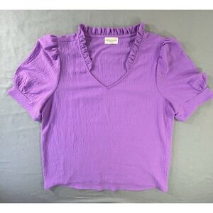 Periwinkle Collection purple puff-sleeve top ruffled V-neckline Women's Large